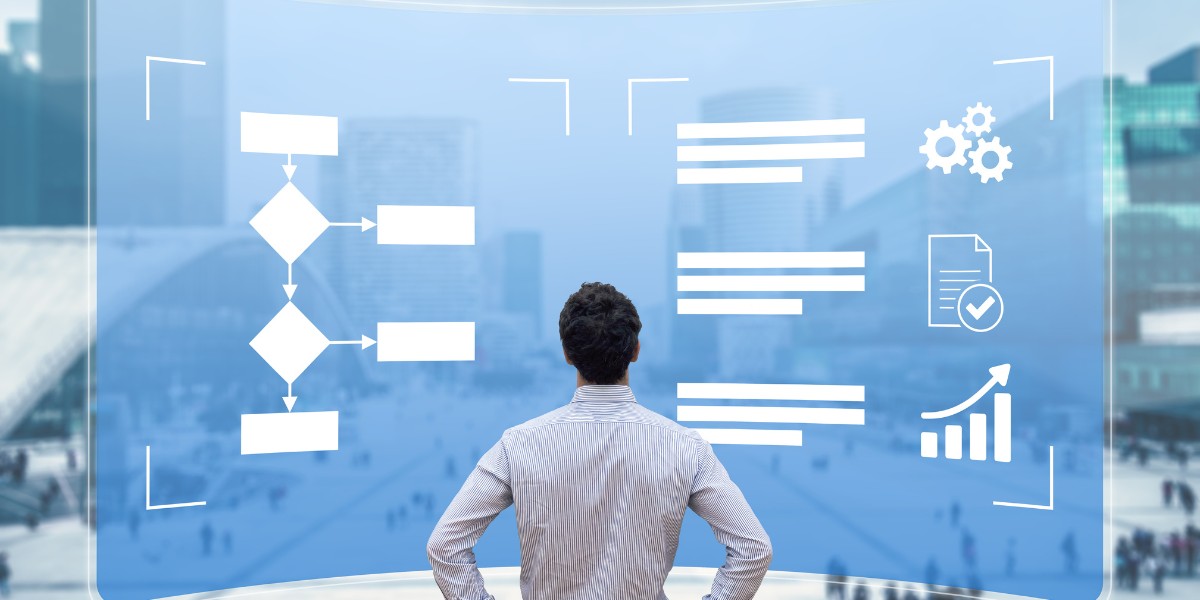 A person standing in front of a large floating screen displaying a workflow and charts