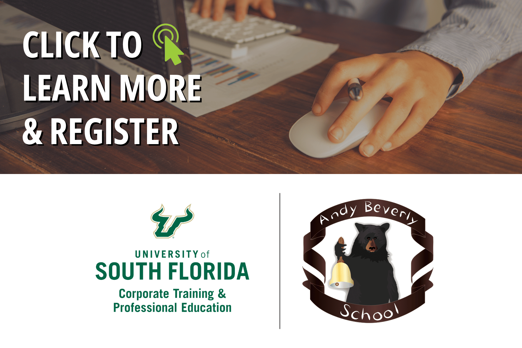 USF and Andy Beverly School logos below a person clicking a mouse at a computer