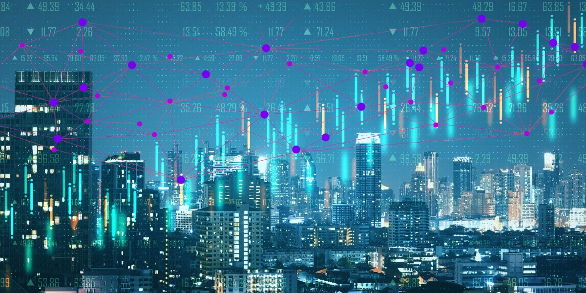 A city skyline at night with numbers and data connections diagrams layered over it