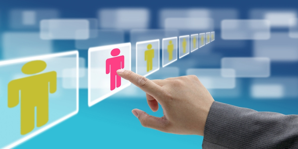 A floating digital screen of non-gendered avatars that are all yellow and a hand clicking on one of the avatars that then changes color