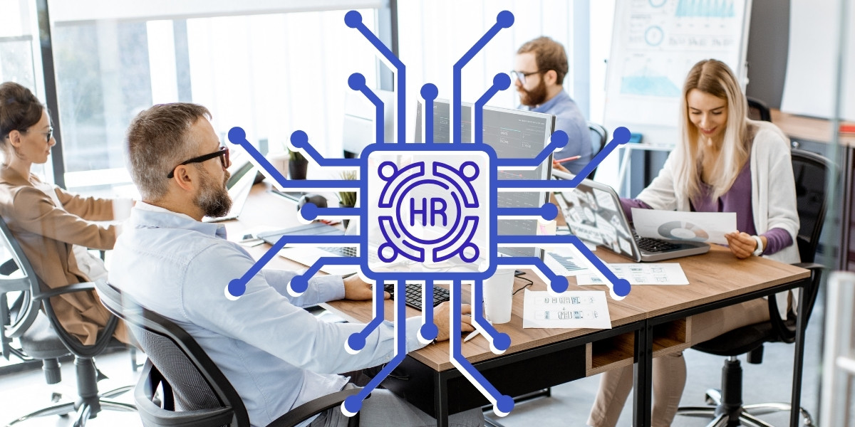 AI symbol with HR tag overlaid on team working at their desks