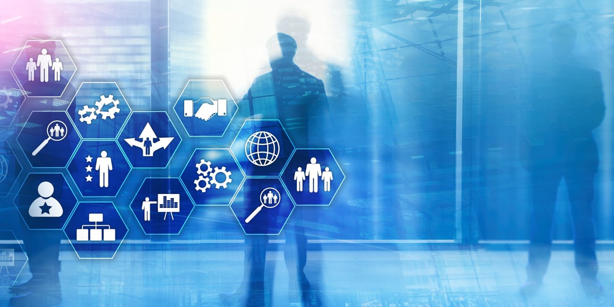 Floating technology icons over a team collaborating