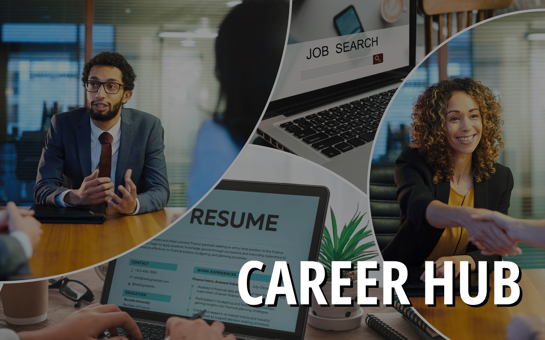 Collage of people interviewing, a resume, and a job search on a laptop