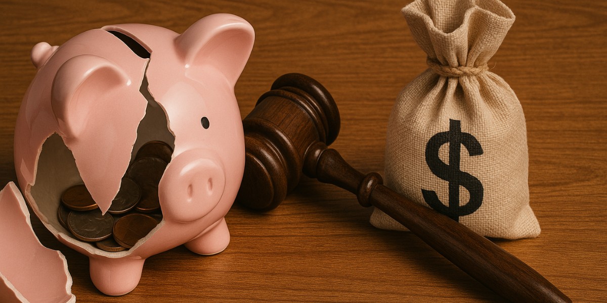 A broken piggy bank, a gavel, and a burlap bag with a dollar sign on it