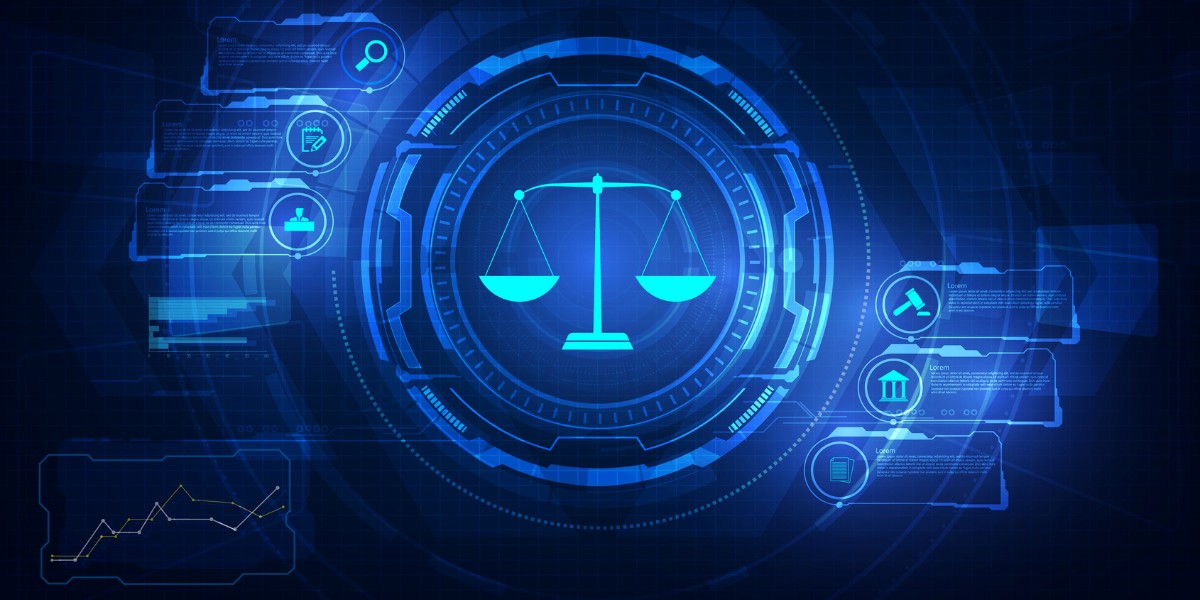 A glowing LED like digital image of the scales of justice surrounded by icons representing other legal ideas such as a gavel and a courthouse