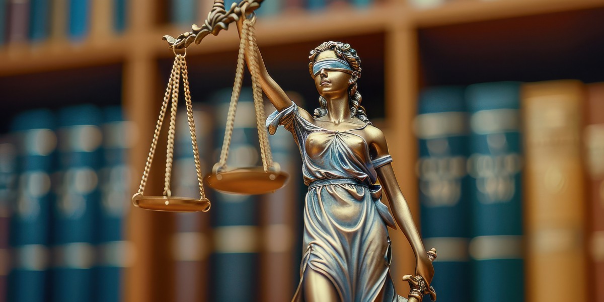 In focus is a bronze statue of Lady Justice with shelves of law books out of focus in the background