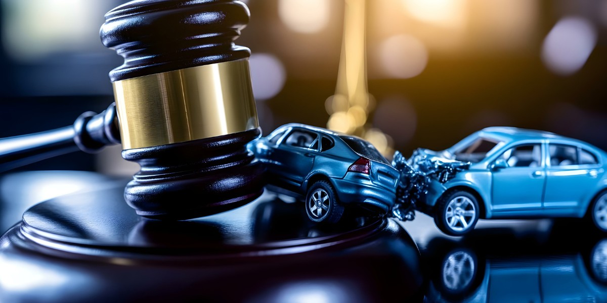 A close-up of a gavel with two miniature cars that have been in a collision