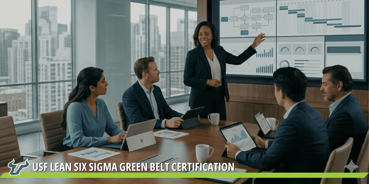 Person in front of a screen with diagrams and charts presenting to their team