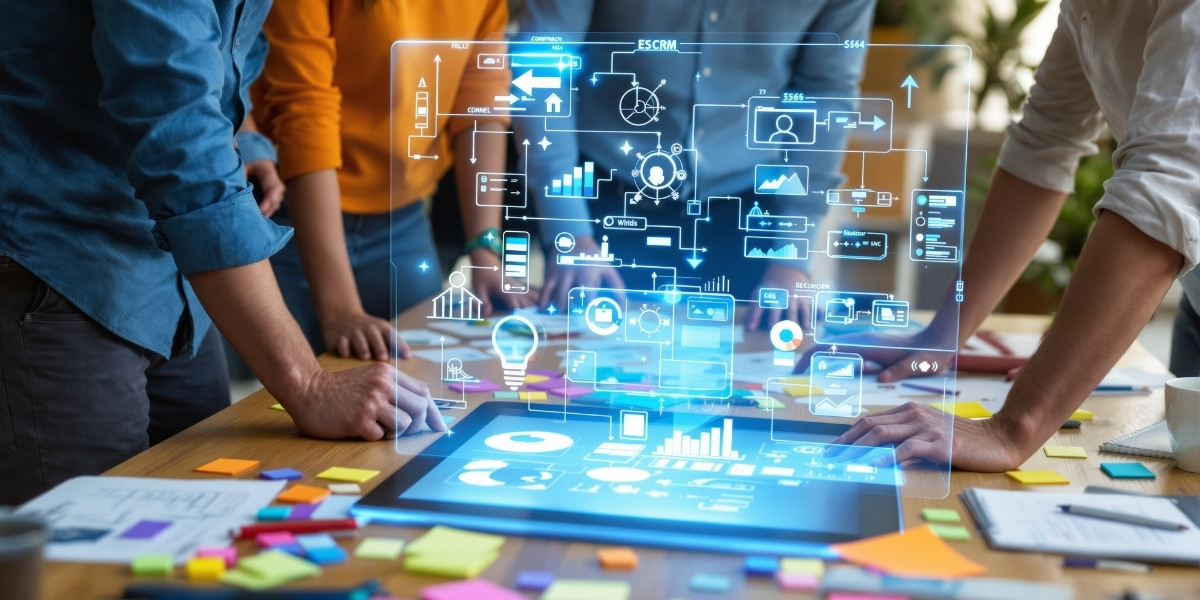 A project team standing around a table arrayed with paperwork and sticky notes with an oversized digital tablet in the center projecting a screen of charts, icons, and workflows into the space between them