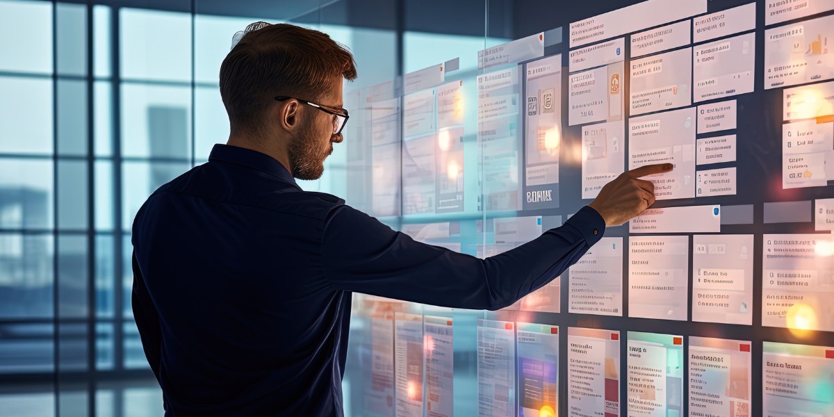 A person interacting with a wall sized touch-enabled computer screen