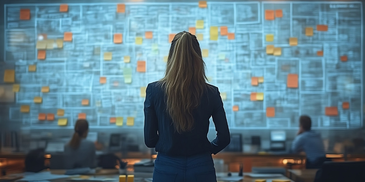 In focus is a business person looking at an out of focus room of other business people and a wall of paperwork, sticky notes, and charts