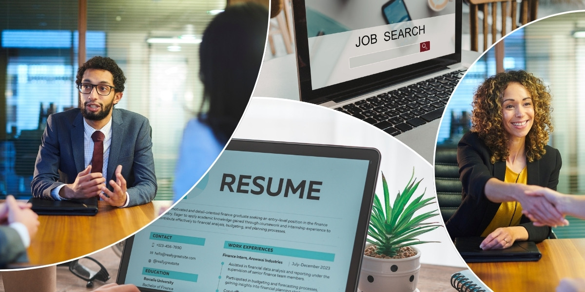 Collage of people interviewing, a resume, and a job search on a laptop